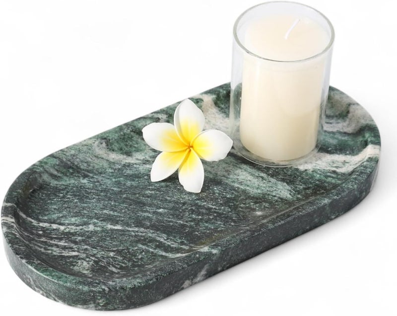 Koville Green Marble Tray for Bathroom Countertop, 10"x5" Natural Marble Vanity Tray Perfume Trays for Dresser, Stone Jewelry Dish Candle Holder for Home Decor, Stone Catchall Trays - Image 1